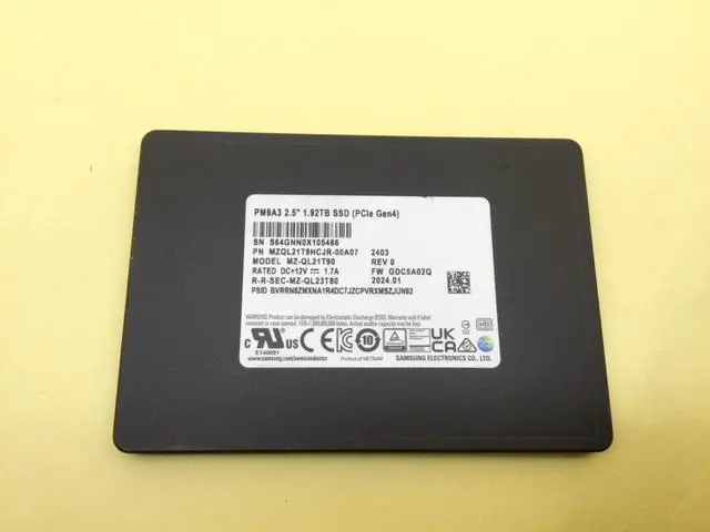 Alt view image 3 of 5 - Samsung PM9A3 1.92TB PCIe Gen4 X4 NVMe 2.5'' U.2 SSD MZ-QL21T90