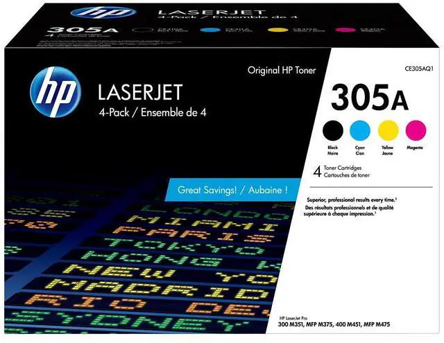 Main image of HP 305A 4-pack Black/Cyan/Magenta/Yellow Original LaserJet Toner Cartridges,
