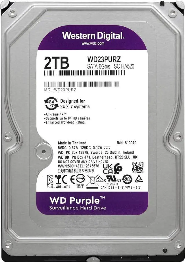 Alt view image 2 of 2 - WD Purple 2TB Surveillance HDD SATA Internal Hard Drive 3.5" WD23PURZ