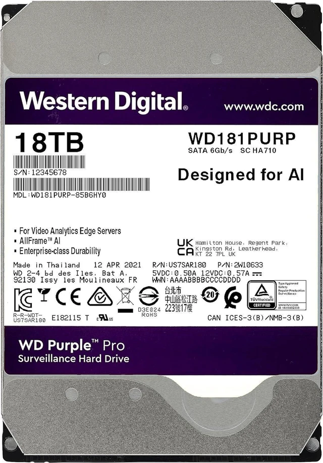 Alt view image 2 of 2 - WD Purple Pro Surveillance 18TB Internal Hard Drive HDD 3.5" 7200 RPM SATA III