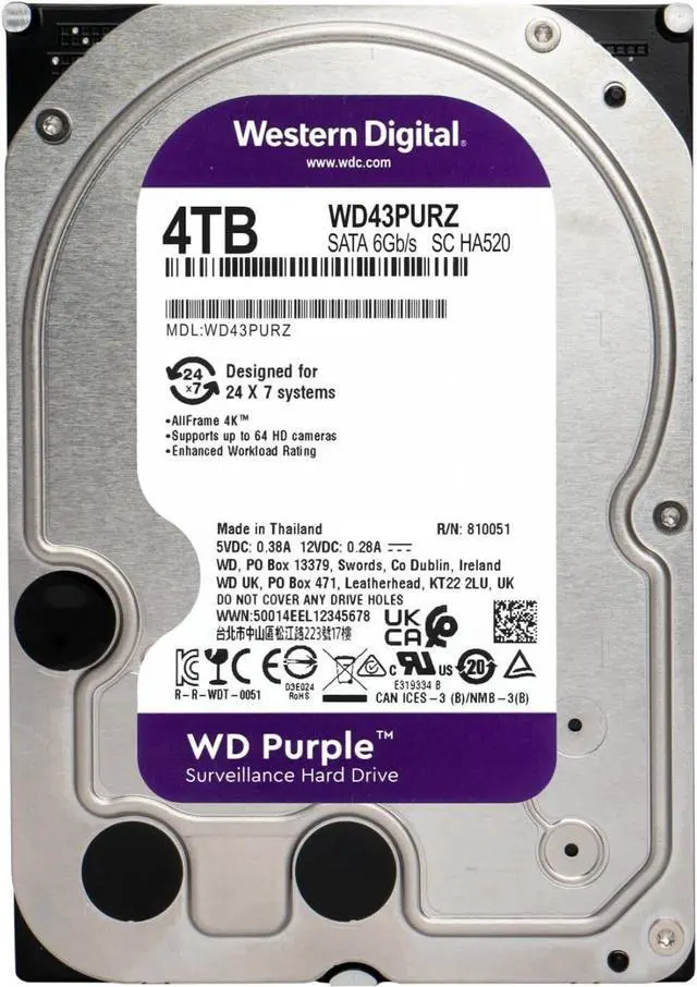 Alt view image 2 of 2 - WD Purple Surveillance 4TB SATA HDD 256MB Cache 3.5" Internal HDD - WD43PURZ