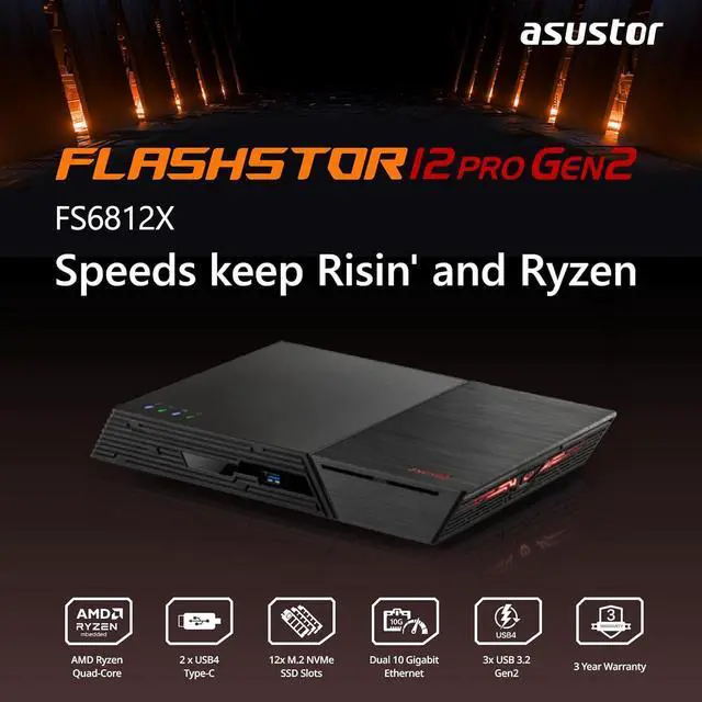 Alt view image 2 of 7 - Asustor Flashstor 12 Pro Gen 2 12 Bay NAS Quad-Core 2.3GHz CPU FS6812X