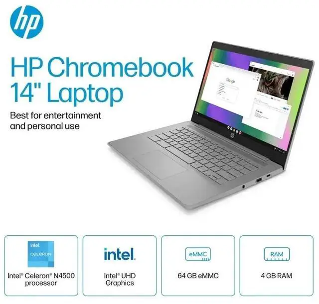 Alt view image 2 of 6 - HP Chromebook 14" HD Quad-Core Celeron N4500 4GB 64GB eMMC Webcam Chrome OS