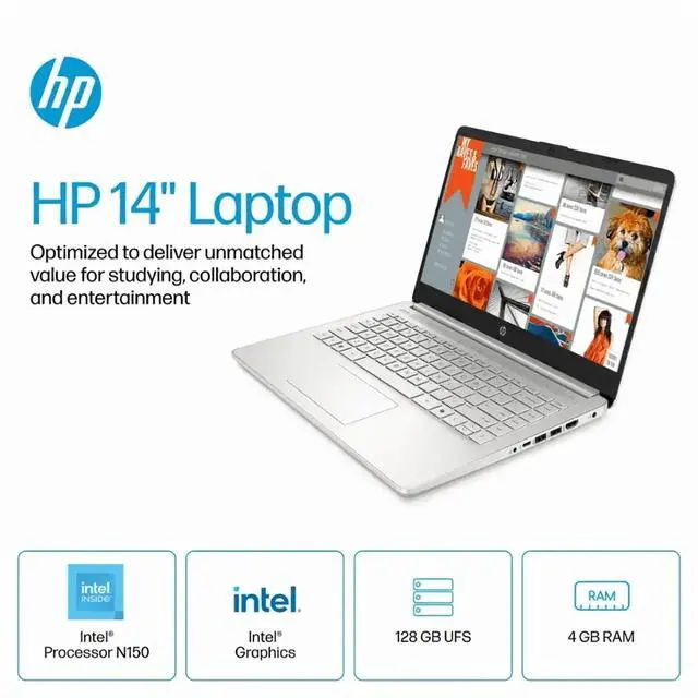 Alt view image 4 of 7 - HP Laptop 14" HD Intel N150 4GB 128GB UFS Webcam Office 365 Win 11 S Silver