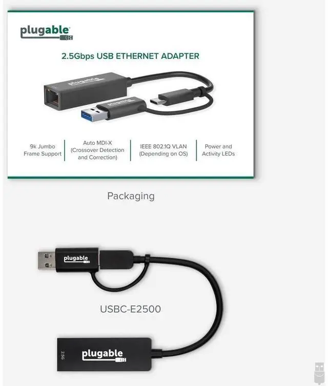 Alt view image 4 of 6 - Plugable 2.5G USB C and USB to Ethernet Adapter - 2-in-1 Adapter (usbc-e2500)
