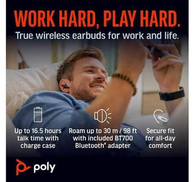 Alt view image 6 of 7 - Poly Voyager Free 60+ UC Carbon Black Earbuds +BT700 USB-C Adapter +Touchscreen - OEM