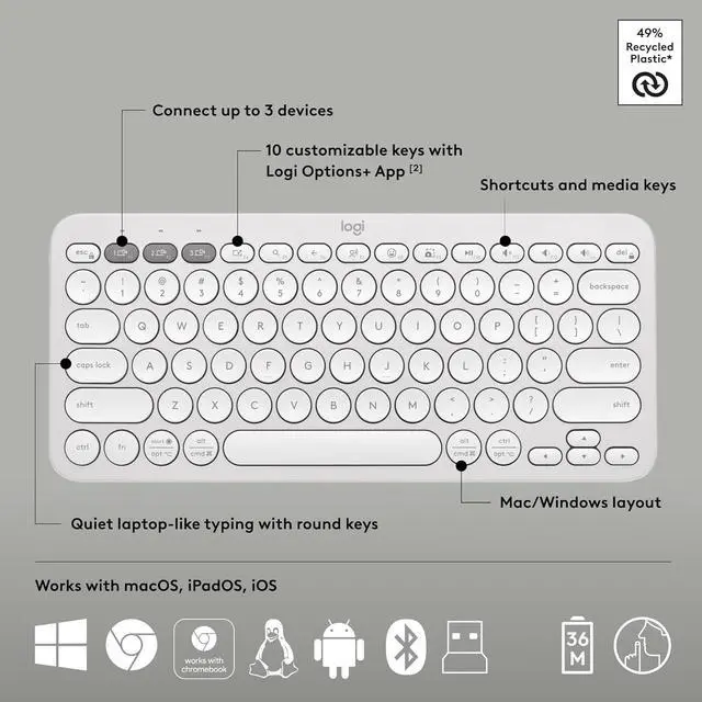 Alt view image 6 of 7 - Logitech Pebble 2 Combo Wireless Keyboard/Mouse Bundle - Tonal White