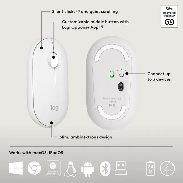 Alt view image 7 of 7 - Logitech Pebble 2 Combo Wireless Keyboard/Mouse Bundle - Tonal White