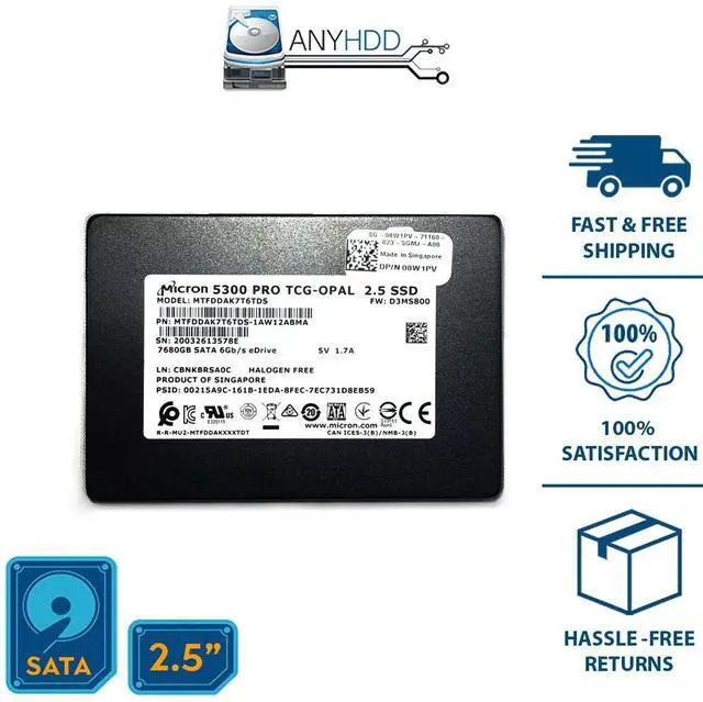 Main image of Micron 7.68TB SATA SSD - MTFDDAK7T6TDS-1AW12ABM - PN 08W1PV - 100% Health