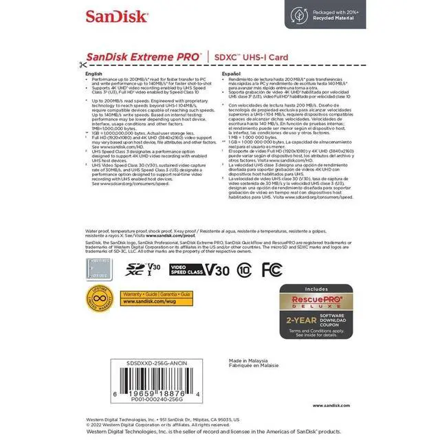 Alt view image 5 of 5 - SanDisk Extreme PRO 256 GB Class 3/UHS-I U3 V30 SDXC SDSDXXD256GANCIN