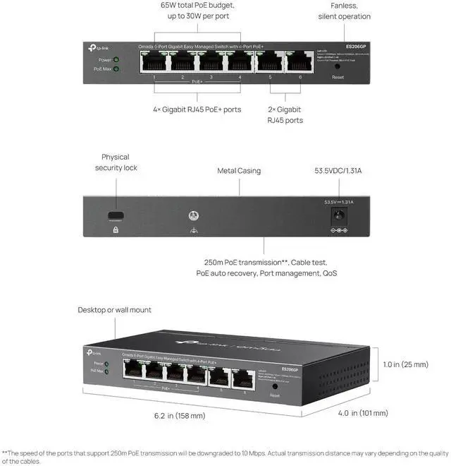 Alt view image 6 of 7 - TP-Link ES206GP | Omada 6-Port Gigabit Easy Managed Desktop Switch | 4-Port PoE+