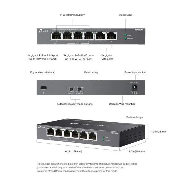 Alt view image 6 of 7 - TP-Link DS106GPP | Omada 6-Port Gigabit PoE++ Unmanaged Desktop Switch