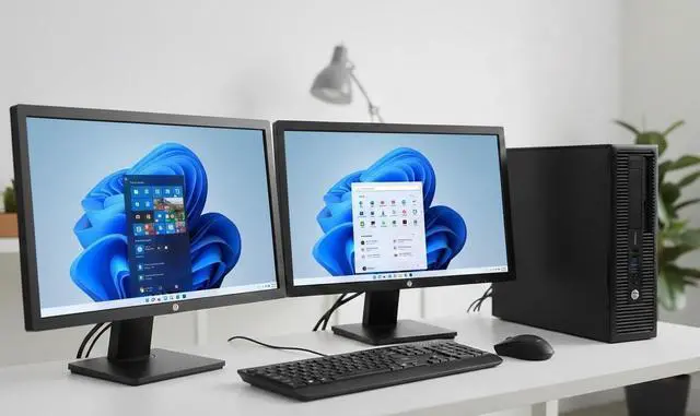 Main image of hp Desktop PC Computer Quad Core 16GB RAM DUAL 22" LCDs Wi-Fi BT Windows 11 SSD