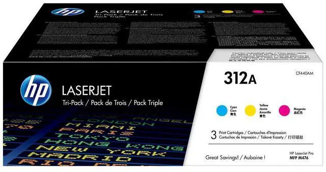 Main image of HP 312A Cyan Tri-Pack LaserJet Toner Cartridge, Per cartridge: 2,700 pages,