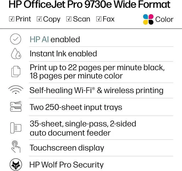 Alt view image 2 of 7 - HP OfficeJet Pro 9730e Wide-format Printer with 3 Months of Instant Ink for
