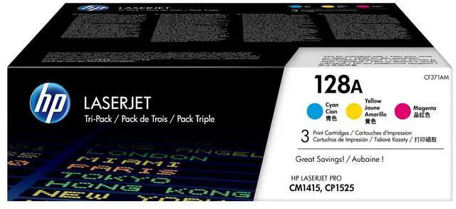 Main image of HP 128A 3-pack Cyan/Magenta/Yellow Original LaserJet Toner Cartridges, Per