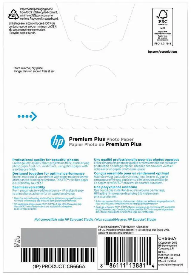 Alt view image 3 of 5 - HP Premium Plus Soft-gloss Photo Paper | 100 Sheets | 4 x 6 in | CR666A