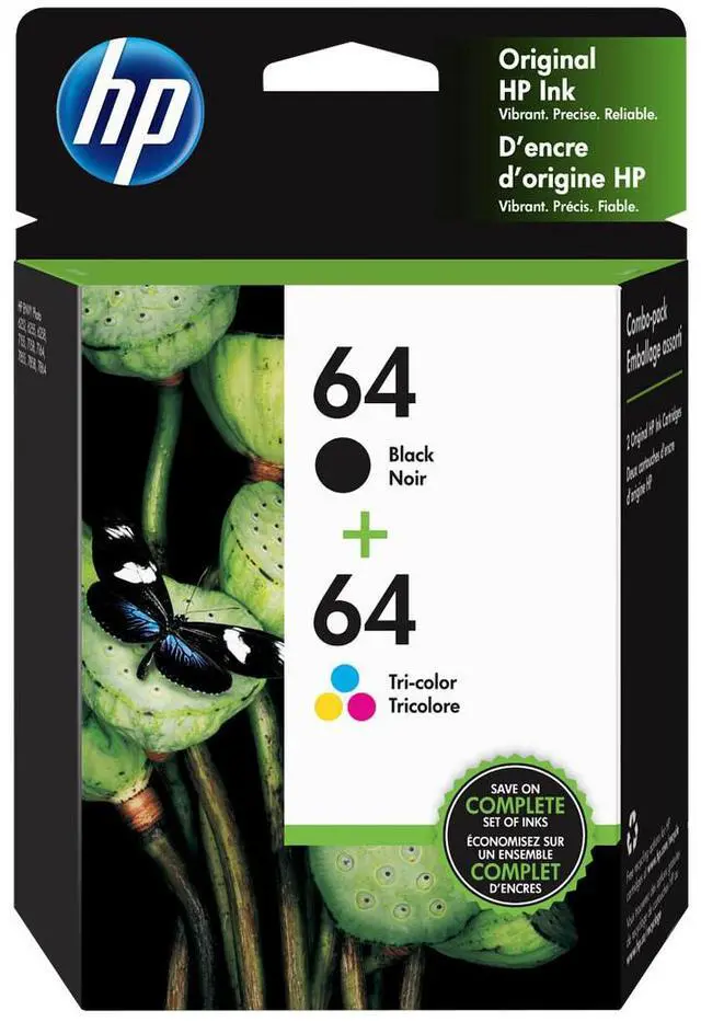 Main image of HP 64 2-pack Black/Tri-color Original Ink Cartridges, X4D92AN#140