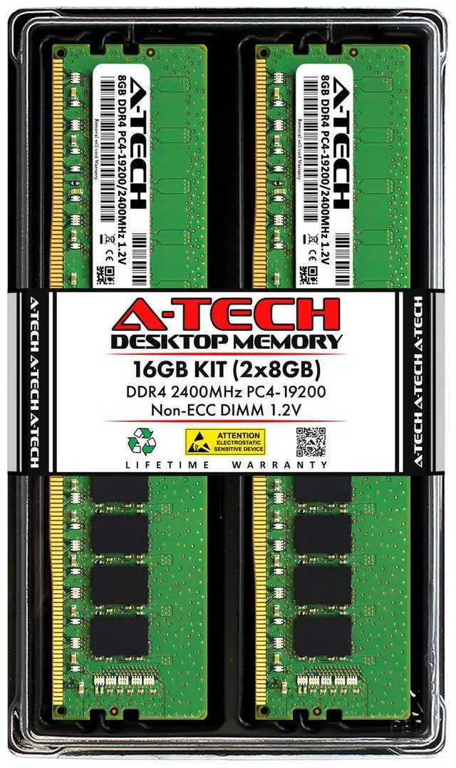 Main image of A-Tech 16GB 2x 8GB DDR4 2400 PC4-19200 Desktop 288-Pin DIMM Memory RAM Kit 16G