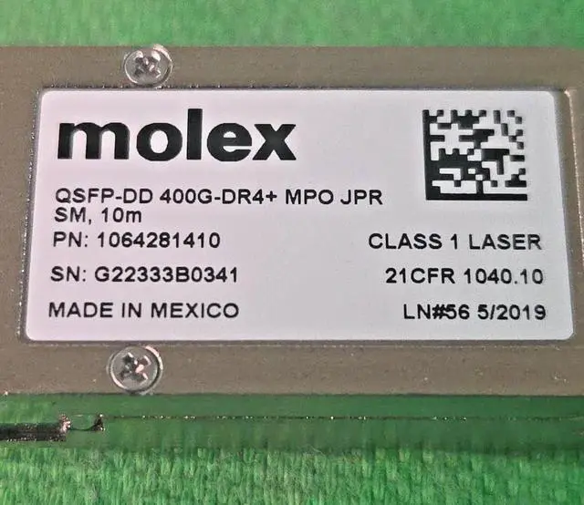 Alt view image 2 of 5 - Molex 1064281410 QSFP-DD 400G-DR4+ MPO JPR SM, 10M 1310nm MPO-12 LOT 10 PCS