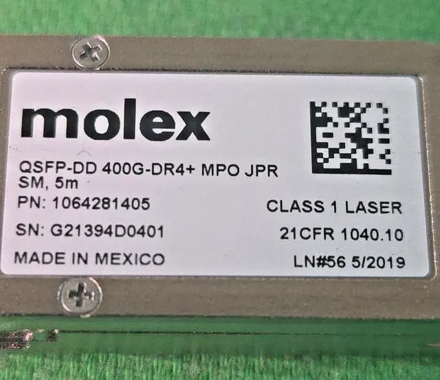 Alt view image 2 of 5 - Molex 1064281405 QSFP-DD 400G-DR4+ MPO JPR SM, 5M 1310nm MPO-12 LOT 10 PCS