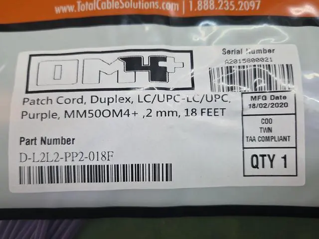 Alt view image 5 of 5 - OM4 LC/UPC- LC/UPC Fiber Patch MM Duplex Purple 50/125 18 FT LOT OF 10 PCS