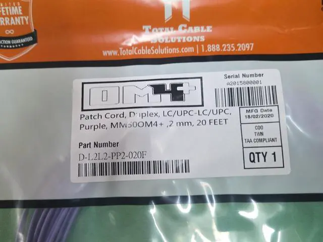 Alt view image 2 of 5 - OM4 LC/UPC- LC/UPC Fiber Patch MM Duplex Purple 50/125 20 FT LOT OF 10 PCS