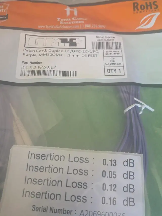 Alt view image 2 of 5 - OM4 LC/UPC- LC/UPC Fiber Patch MM Duplex Purple 50/125 16 FT LOT OF 10 PCS