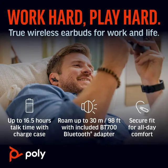 Alt view image 6 of 7 - Poly Voyager Free 60+M UC Carbon Black Earbuds +BT700 USB-C Adapter