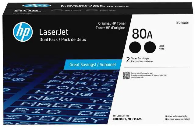 Main image of HP 80A 2-pack Black Original LaserJet Toner Cartridges, ~2,560 pages, CF280AD1