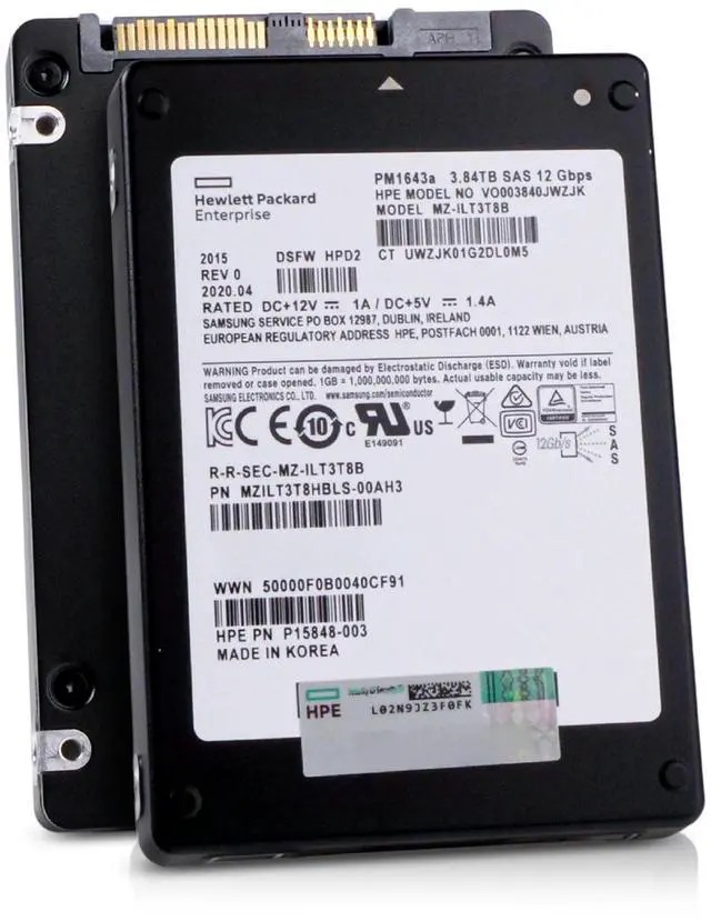 Main image of (NOT FOR HOME PC!) HP/Samsung PM1643a 3.84TB MZILT3T8HBLS SAS 12Gb/s 3D TLC 1 DWPD 2.5" SSD