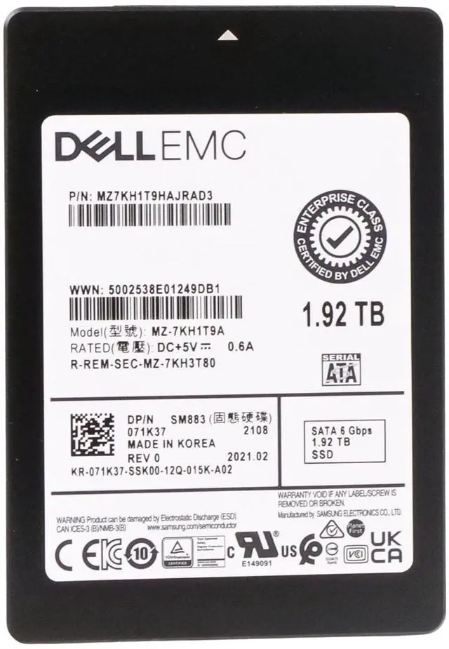 Main image of Dell/Samsung SM883 1.92TB MZ7KH1T9HAJRAD3 SATA 6Gb/s MLC 3 DWPD 2.5" SSD