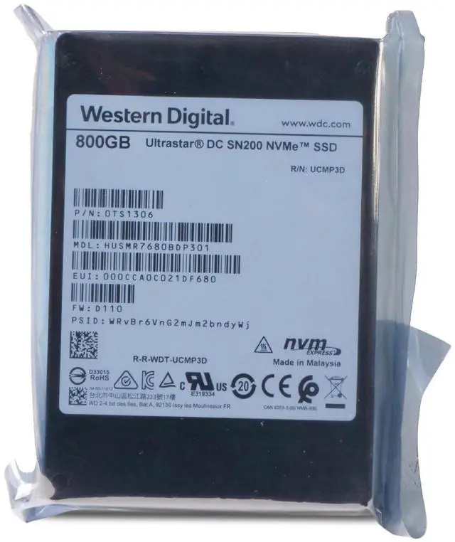 Main image of WD DC SN200 800GB HUSMR7680BDP301 0TS1306 PCIe Gen 3.0x4 4GB/s MLC NVMe 2.5" SSD