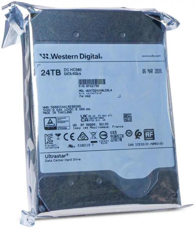 Main image of WD DC HC580 24TB WUH722424ALE6L4 0F62796 7.2K RPM SATA 6Gb/s 512e 3.5" HDD