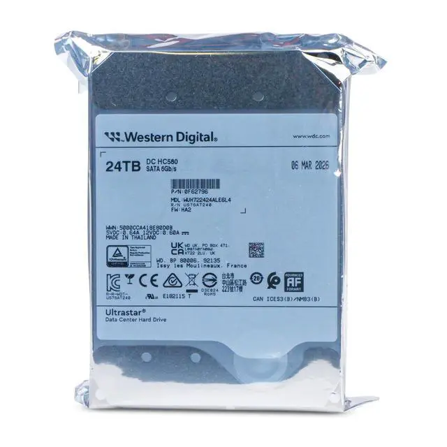 Alt view image 3 of 6 - WD DC HC580 24TB WUH722424ALE6L4 0F62796 7.2K RPM SATA 6Gb/s 512e 3.5" HDD