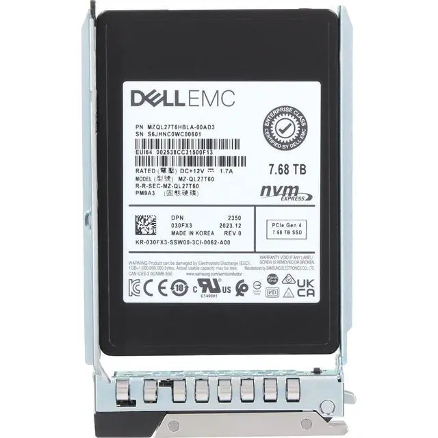 Alt view image 5 of 7 - 30FX3 Dell 7.68TB Data Center NVMe Gen4 RI TLC 7mm 2.5 SSD PM9A3