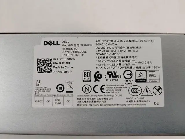 Alt view image 2 of 6 - Lot of 2 Dell OptiPlex 7050 SFF 6 Pin 180W Desktop Power Supply TDFTP