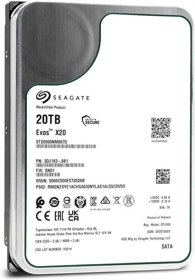 Alt view image 3 of 3 - Seagate Exos X20 20TB 7.2K SATA 256MB 3.5" Server Hard Drive HDD ST20000NM007D