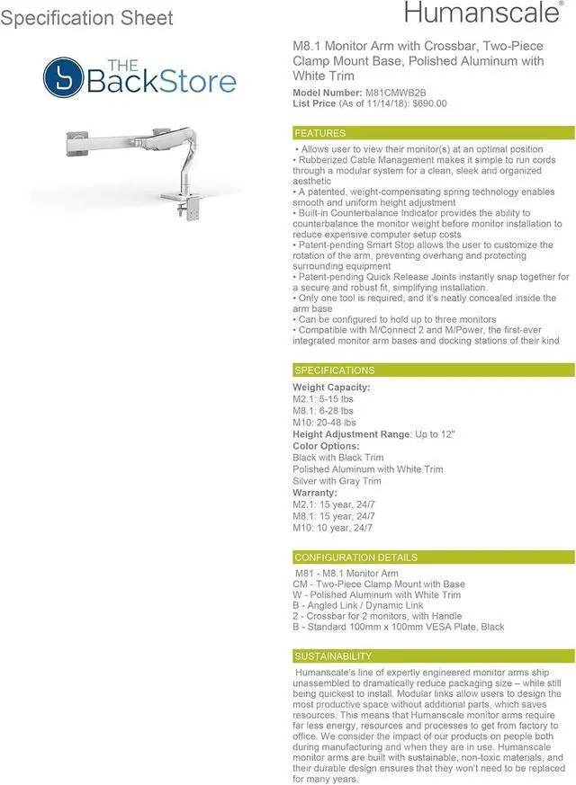 Alt view image 7 of 7 - Humanscale M8.1 Adjustable Dual Monitor Arm with Crossbar Clamp Mount M81CMWB2B