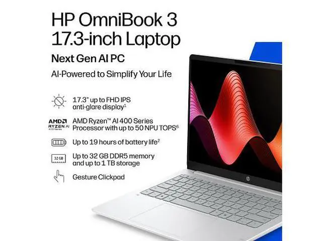 Alt view image 7 of 7 - HP OmniBook 3 Laptop Computer 17.3" FHD AMD Ryzen 16 GB memory;1 TB SSD Windows