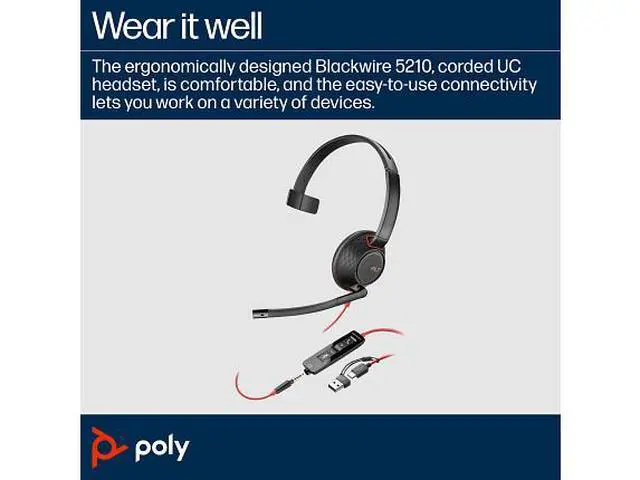 Alt view image 6 of 7 - Poly Blackwire 5210 Monaural USB-C Headset +3.5mm Plug +USB-C/A Adapter