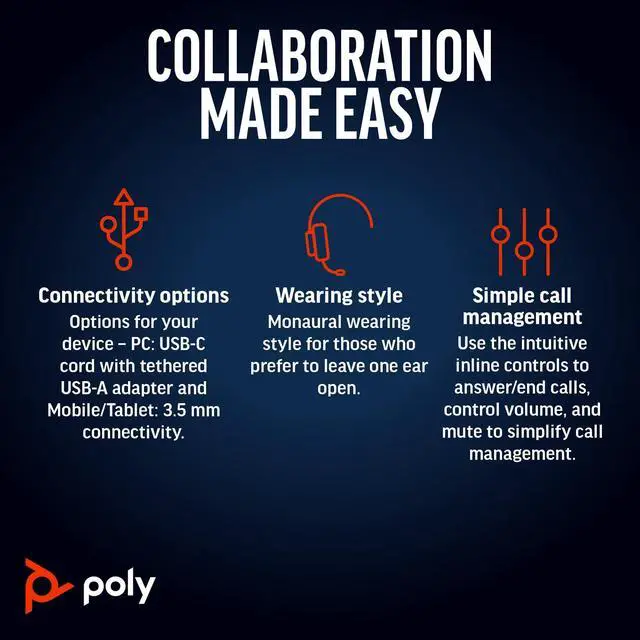 Alt view image 5 of 7 - Poly Blackwire 5210 Monaural USB-C Headset +3.5mm Plug +USB-C/A Adapter