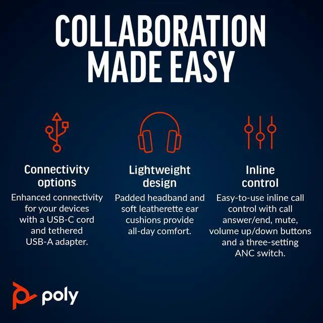 Alt view image 2 of 7 - Poly Blackwire 8225 Stereo Microsoft Teams Certified USB-C Headset +USB-C/A