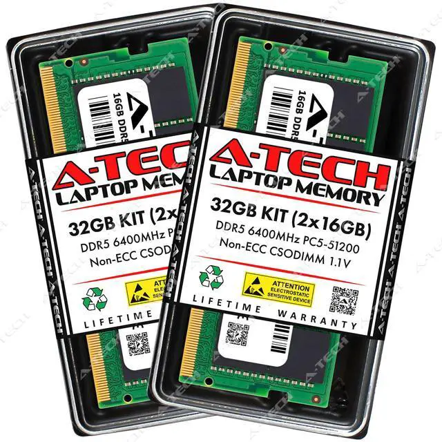 Main image of A-Tech 32GB 2x 16GB PC5-51200 DDR5 6400 MHz CSODIMM Laptop Memory RAM x2