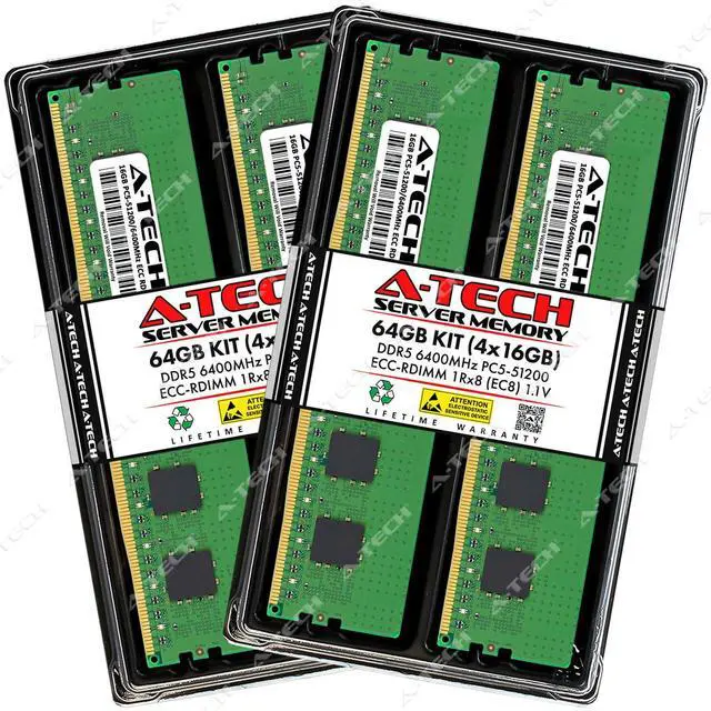 Main image of A-Tech 64GB 4x 16GB 1Rx8 PC5-51200R DDR5 6400 MHz EC8 RDIMM Server Memory RAM