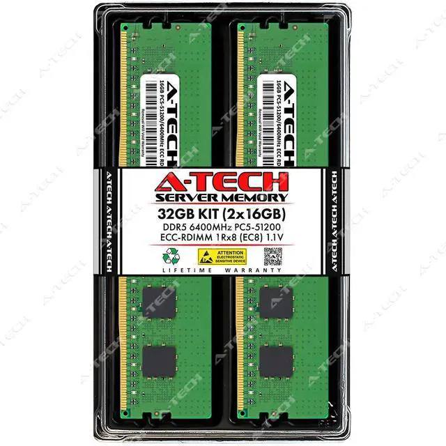 Main image of A-Tech 32GB 2x 16GB 1Rx8 PC5-51200R DDR5 6400 MHz EC8 RDIMM Server Memory RAM