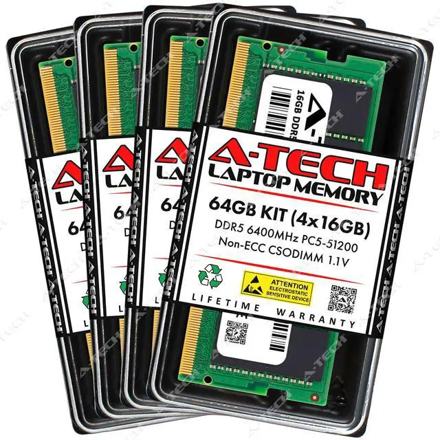 Main image of A-Tech 64GB 4x 16GB PC5-51200 DDR5 6400 MHz CSODIMM Laptop Memory RAM x4