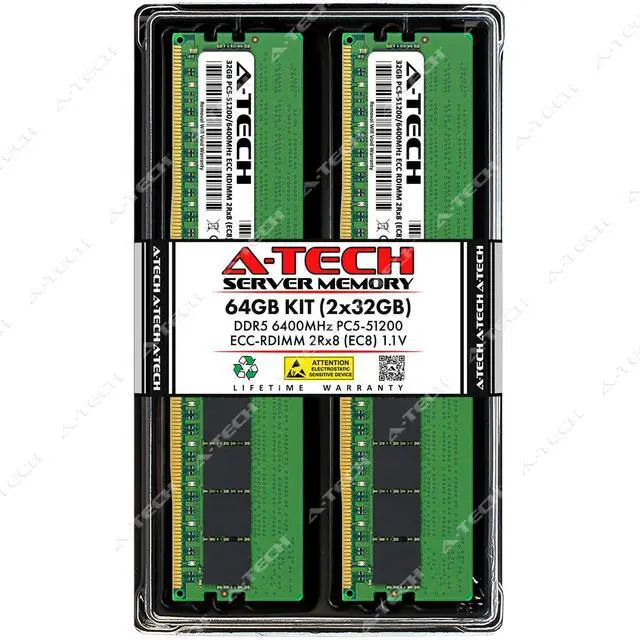 Main image of A-Tech 64GB 2x 32GB 2Rx8 PC5-51200R DDR5 6400 MHz EC8 RDIMM Server Memory RAM