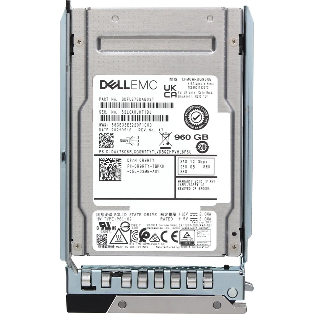 Alt view image 5 of 5 - (NOT FOR HOME PC!) R9RTY-CP1 Dell 960GB 12/24Gbps SAS RI TLC SED FIPS 2.5 SSD KPM6WRUG960G CPO