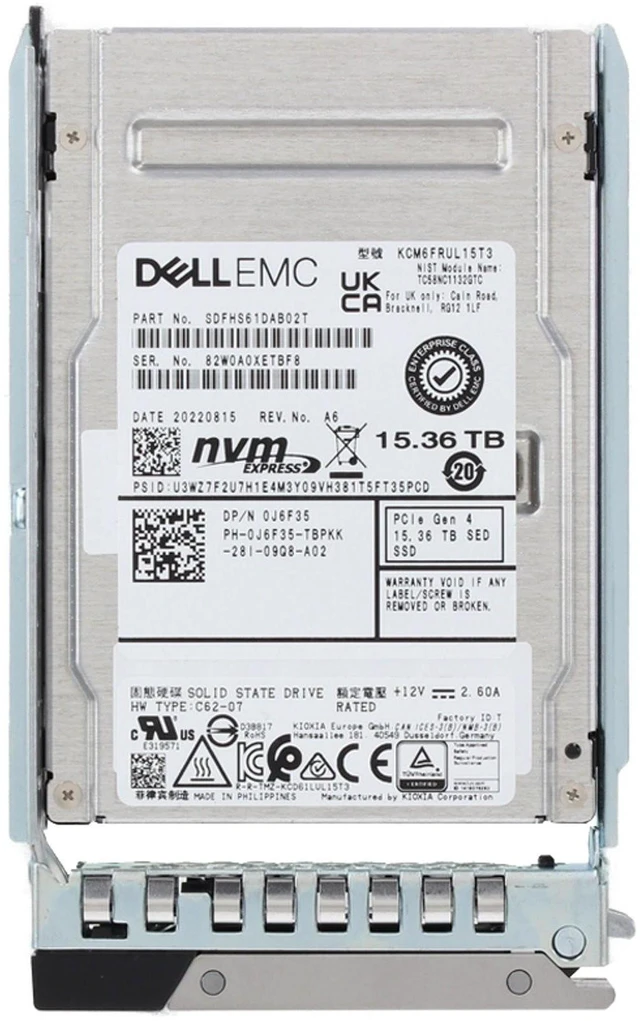 Alt view image 5 of 7 - J6F35 Dell 15.36TB Enterprise NVMe Gen4 RI SED FIPS TLC 2.5 SSD CM6-R